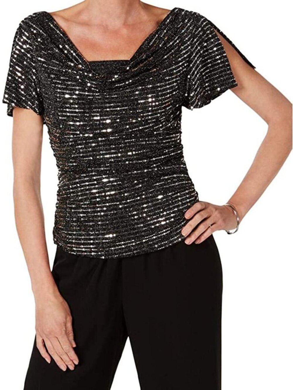 R&M Richards Womens Petites Sequined Ruched Blouse